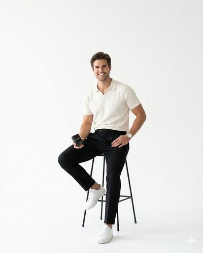 A confident professional sits on stool in bright studio
