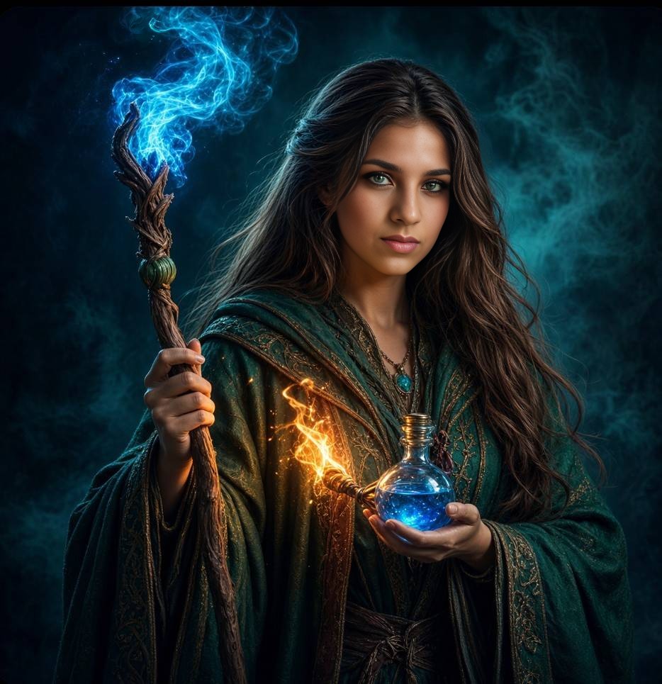 Sorceress with glowing staff and potion in dark fantasy scene