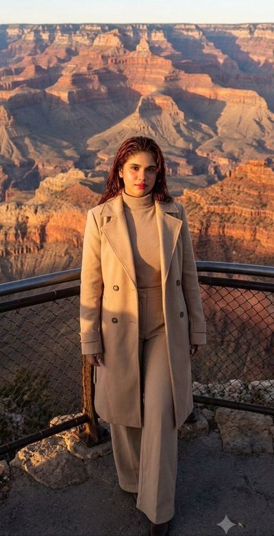 A woman stands at canyon edge during golden sunset hour