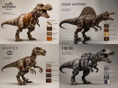 A Tyrannosaurus Rex wears a tailored Gucci tweed suit