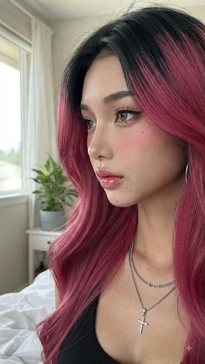 Young woman with magenta hair snaps a confident low-angle selfie