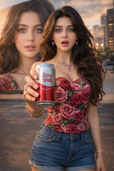 A surprised model holds a soda can before her own mural
