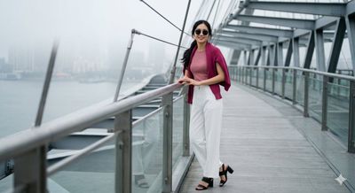 Elegance on Steel: A Woman's Poise by the Bridge