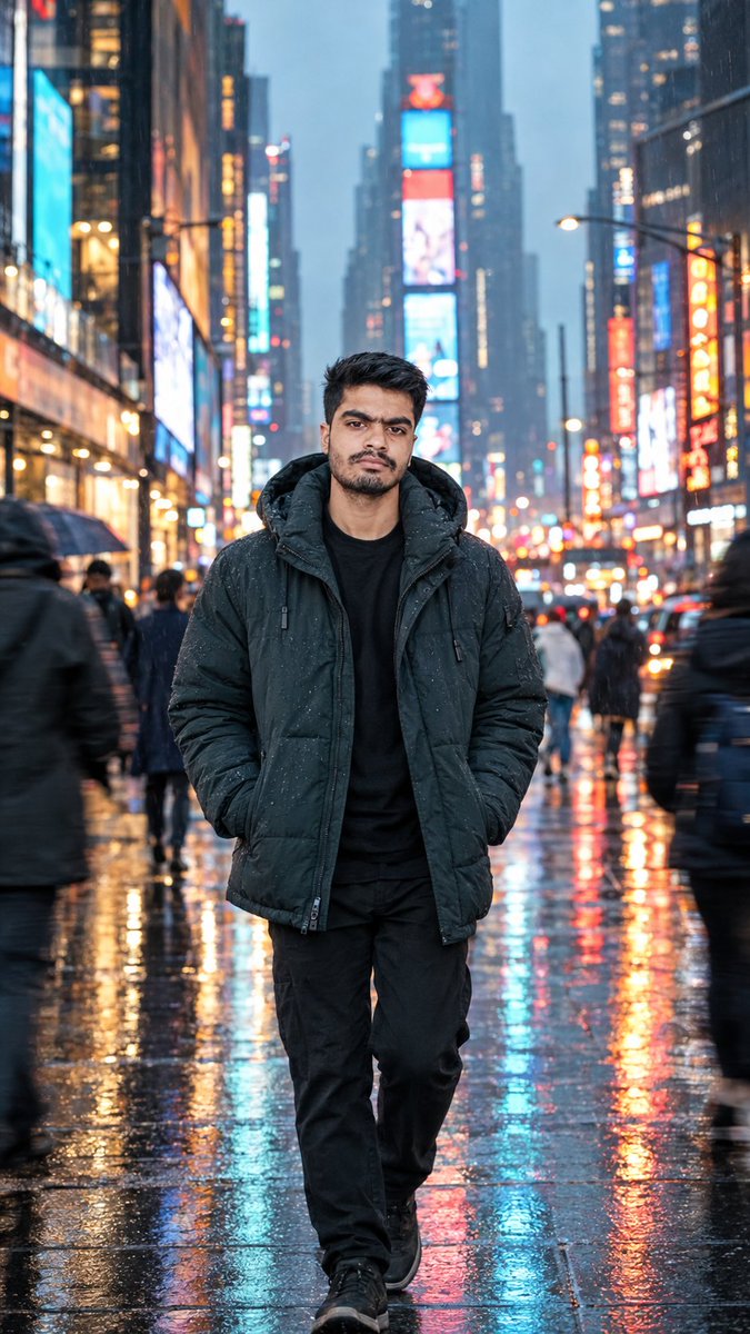 Confident man walks through neon-lit rainy city street at night