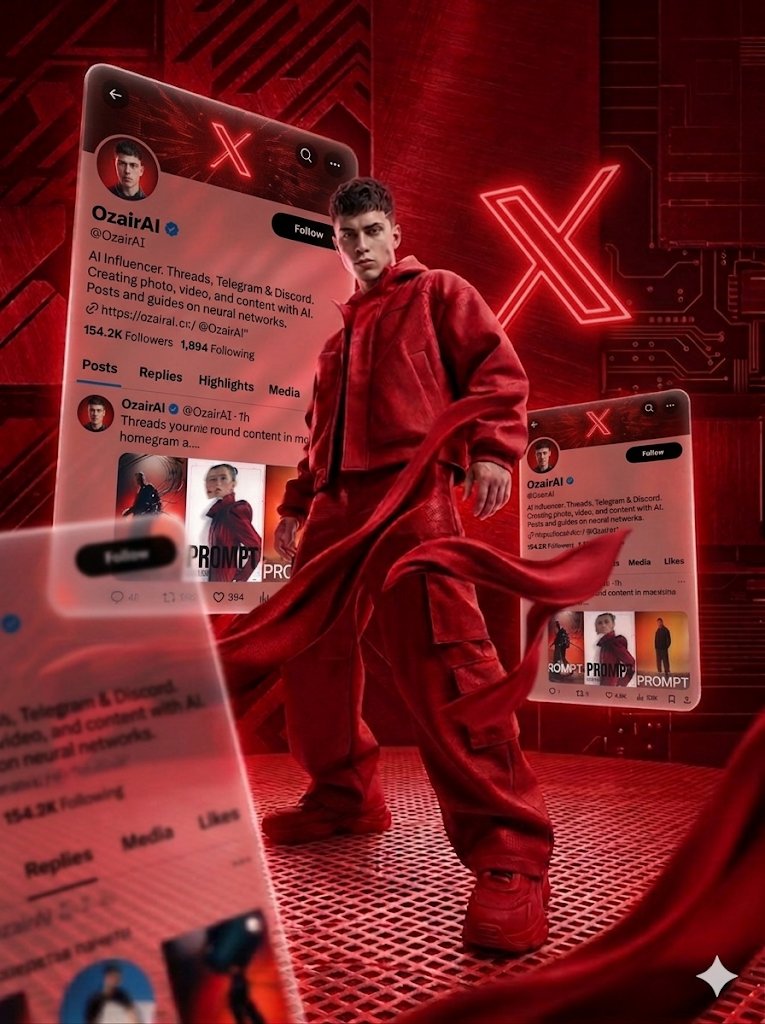 Crimson Techwear Interface Portrait with Floating Social UI