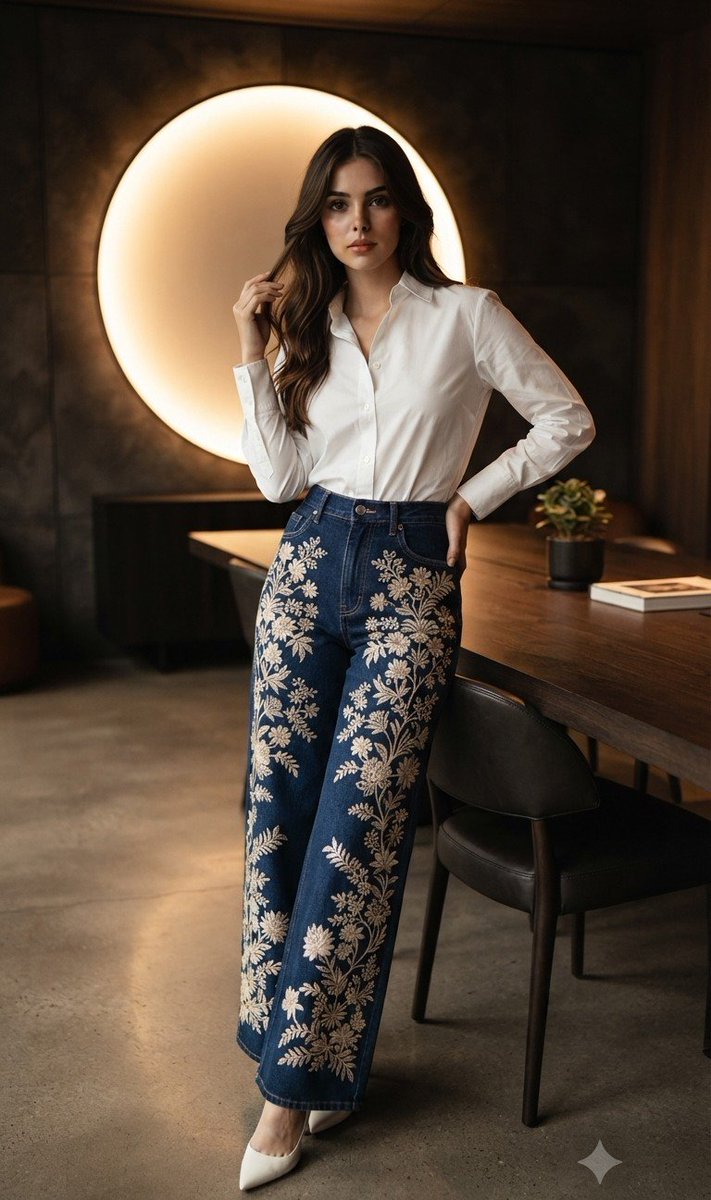 Woman in embroidered jeans poses by warm circular light