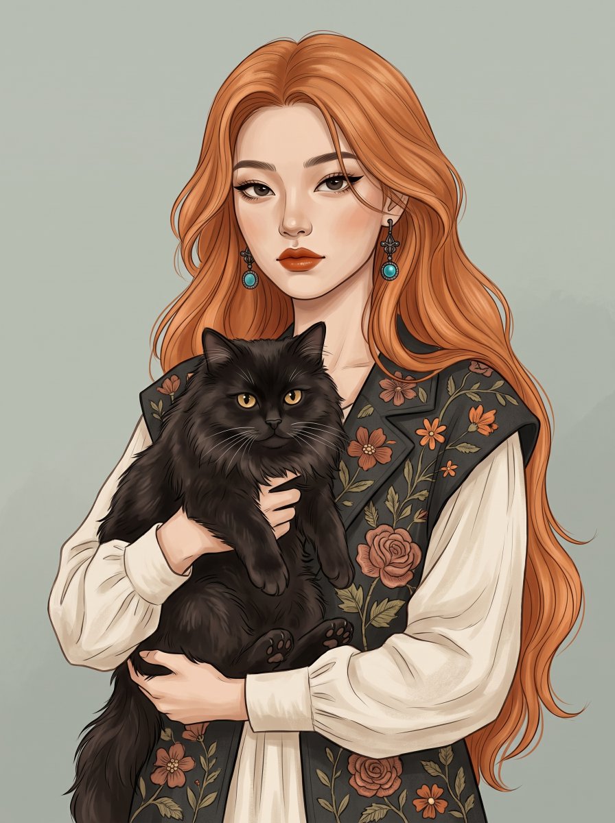 Confident Woman in Cream Blouse Holds Fluffy Black Cat