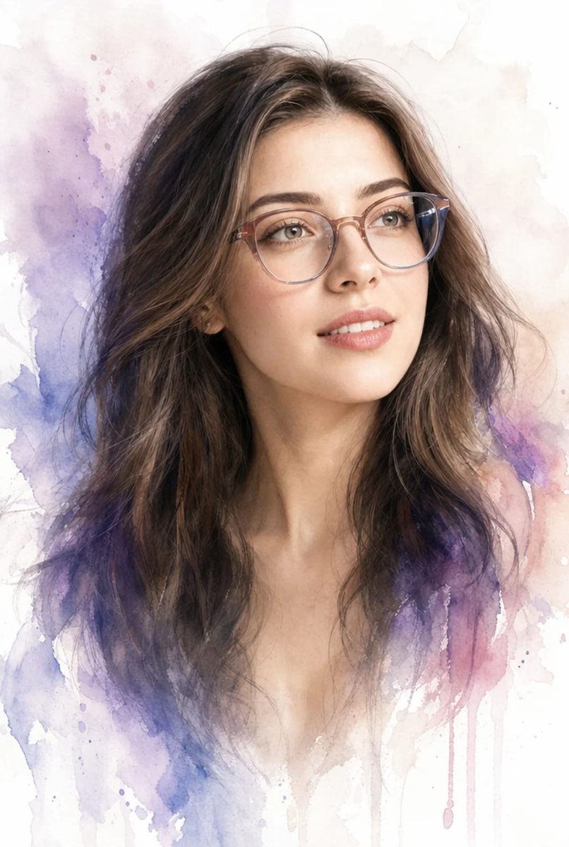 Woman in glasses gazes softly with watercolor-realism portrait style