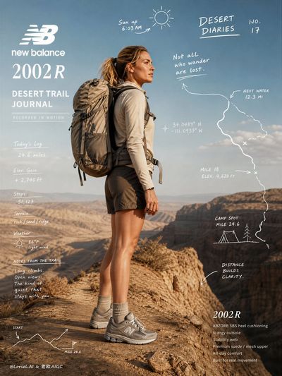 A female backpacker pauses on a desert trail wearing New Balance 2002R shoes