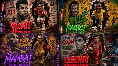 A gritty brick wall mural morphs into a photorealistic 3D action figure
