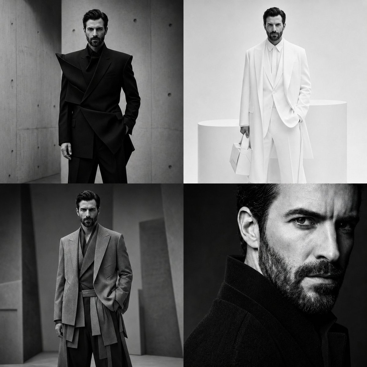 A male model wears four distinct monochrome Vogue looks