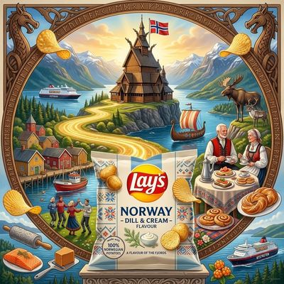 Norwegian salmon on carved pedestal before fjord landscape