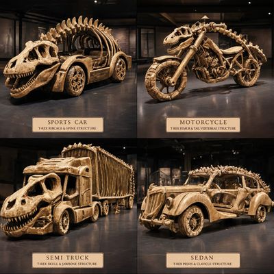 T-Rex fossil bones form a sports car chassis in museum light