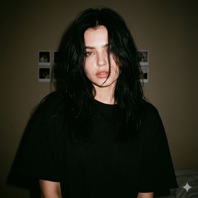 A pale woman with black hair stares calmly in harsh flash