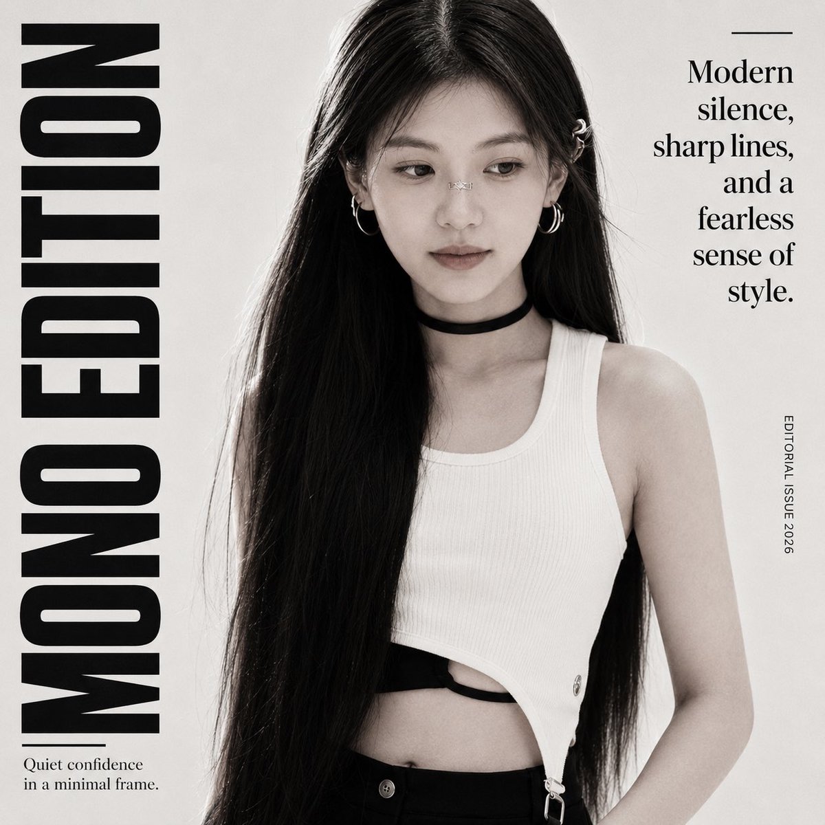 A monochrome fashion portrait with flowing black hair and silver earrings.