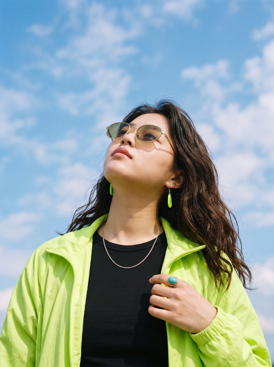 Neon lime windbreaker woman gazes upward at cloudy sky