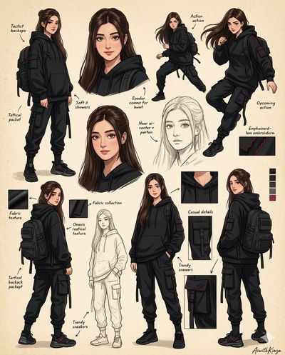 Kinza poses in tactical streetwear on vintage sketchbook collage