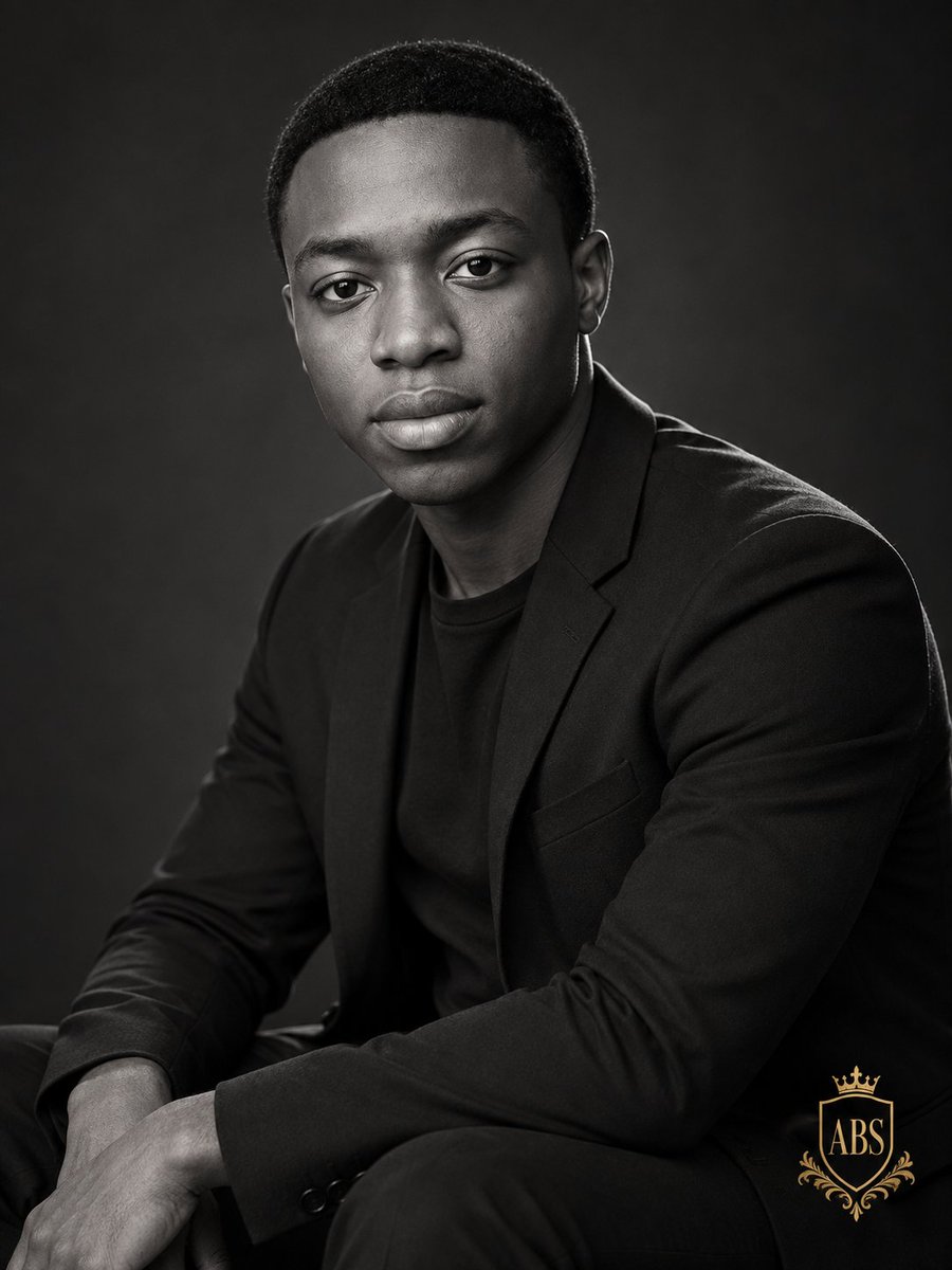 Monochromatic Elegance: Seated Man in Black Blazer with Gold Monogram