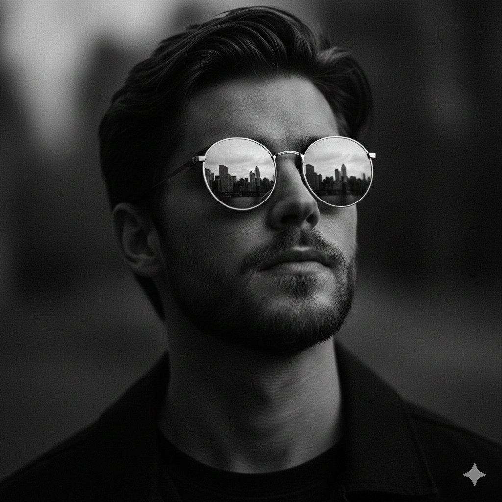 Moody Portrait with a City Reflection