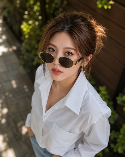 Young woman in white shirt looks up from high angle in sunlight.