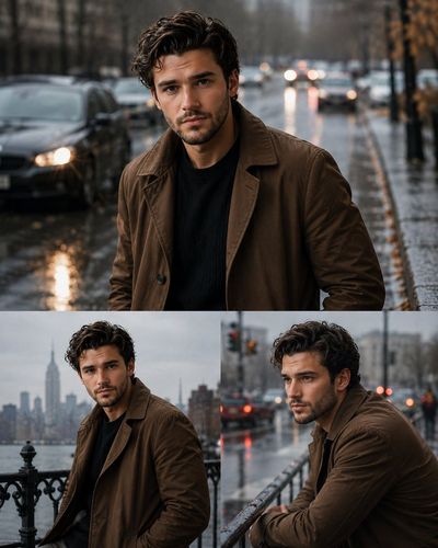 A mysterious man in a brown jacket poses across three rainy city panels
