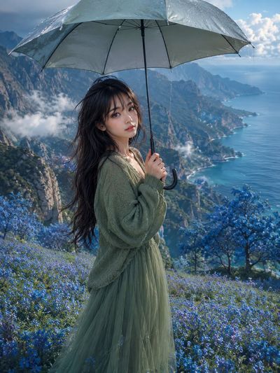 Young woman with umbrella stands amid blue flowers and mountains