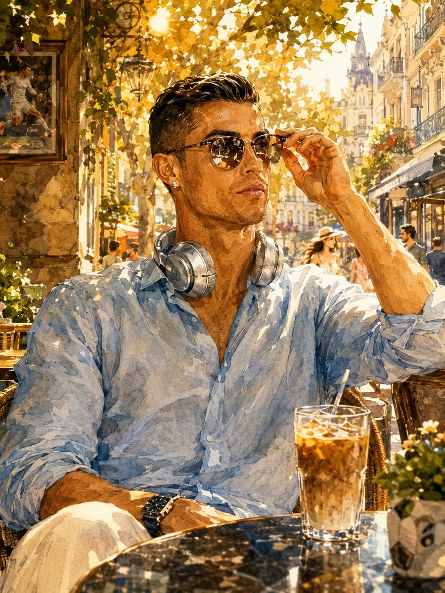 Cristiano Ronaldo enjoys iced coffee at a sunny cafe terrace