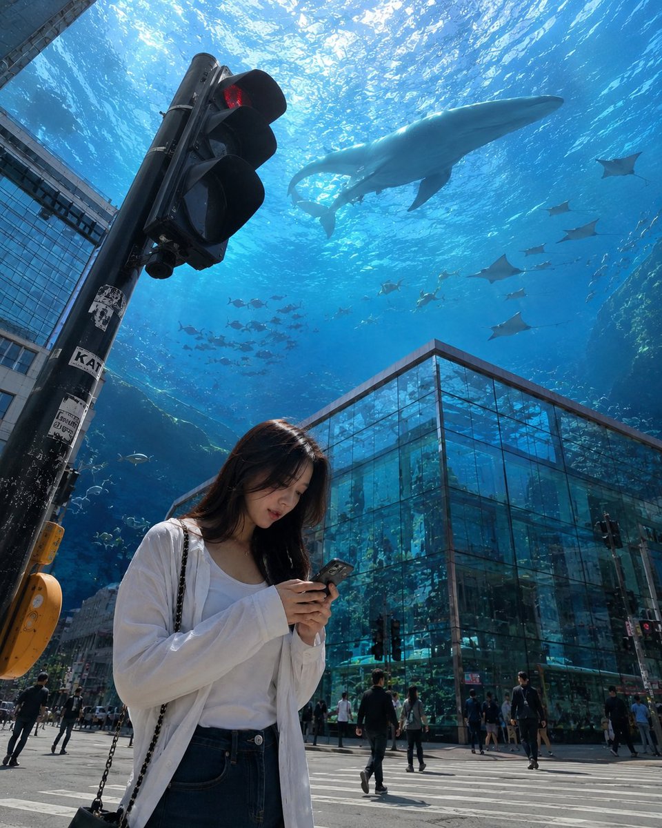 A Young Woman at a Traffic Light Under a Floating Ocean