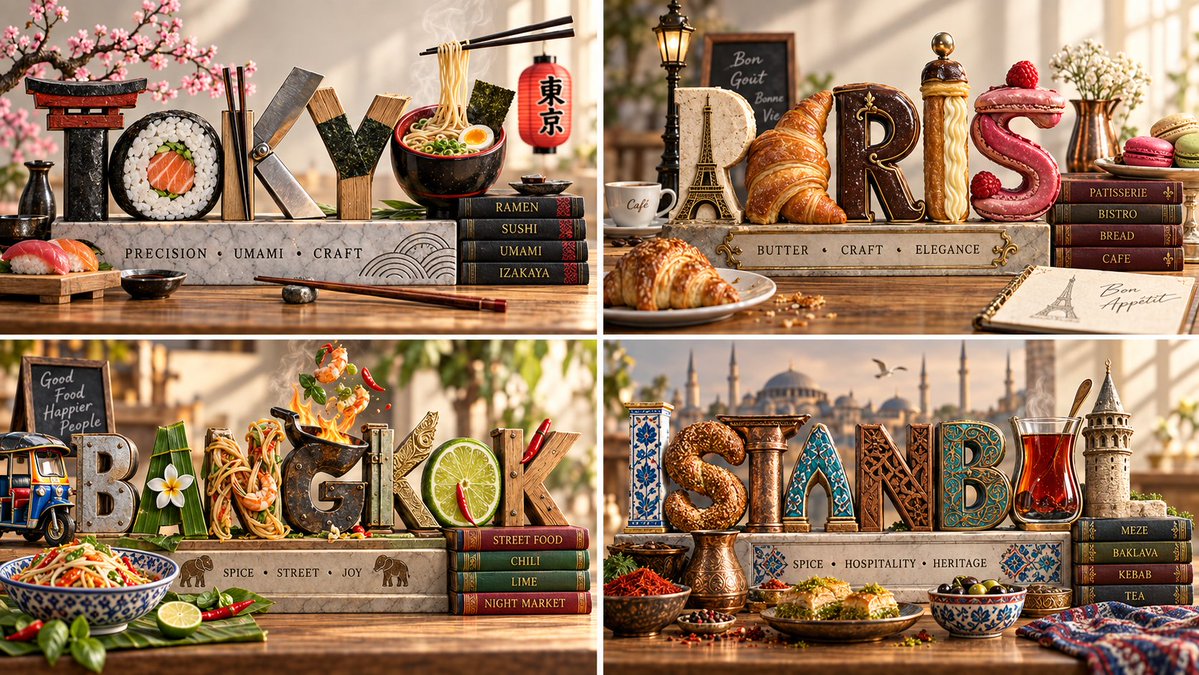 Four Culinary Cities Sculpted in Edible Typography on Plinths