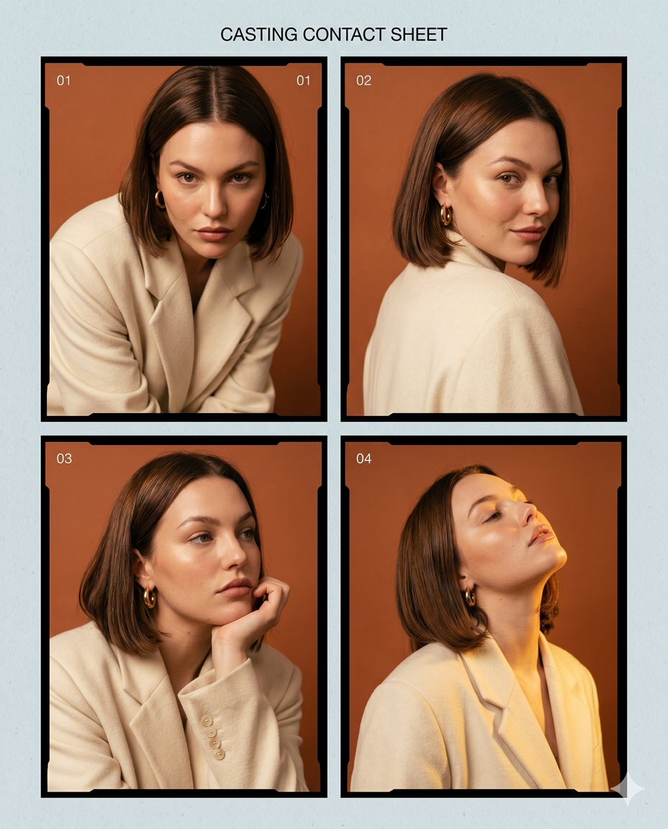 Woman with chestnut bob poses against warm terracotta studio backdrop.