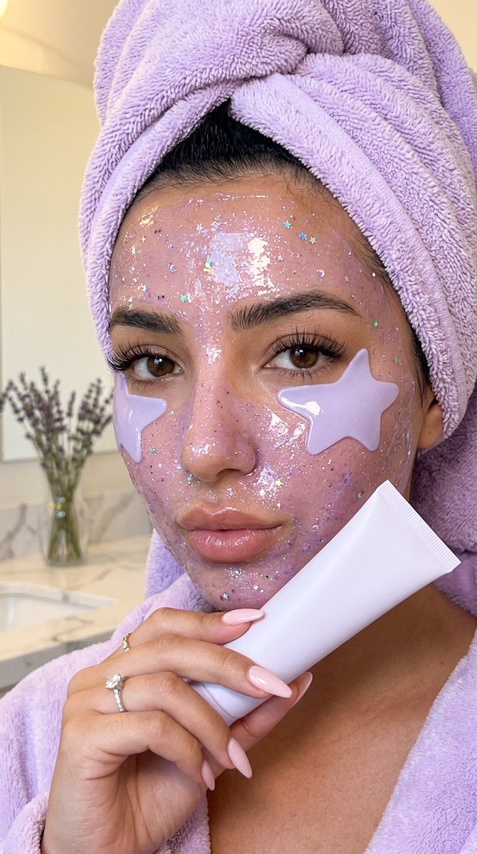 Woman with lavender glitter mask holds white tube near lips