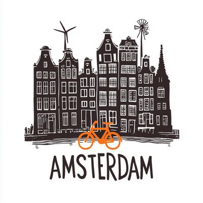 A small orange bicycle sits beneath Amsterdam's stacked landmarks