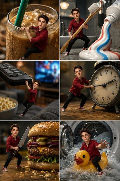 Tiny man fights giant coffee mug in a cinematic miniature scene
