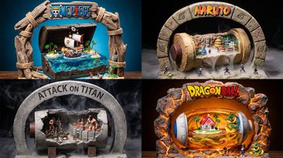 Franchise letters arch over a resin diorama with miniature worlds