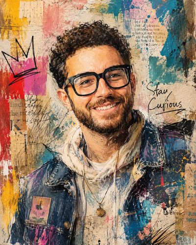 Smiling young man in mixed media portrait with vibrant paint layers