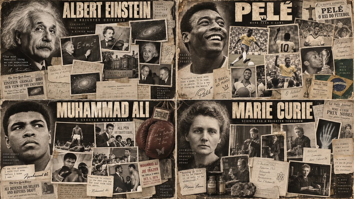 Einstein and Pele anchor a sepia-tone collage of fallen legends