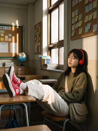 Teenage girl in sunlit classroom with red headphones and sneakers