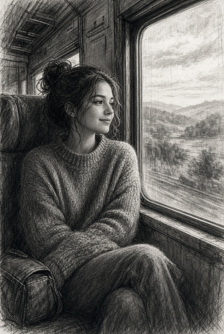 Charcoal Sketch of a Woman Gazing Out a Vintage Train Window