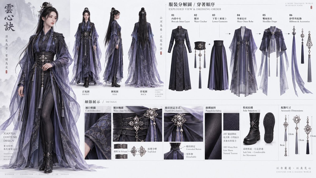 Xianxia costume industrial design sheet for a female cultivator