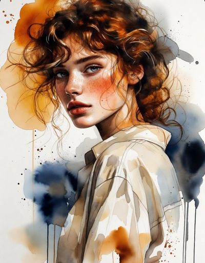 A woman with auburn curls wears a cream shirt in watercolor portrait.
