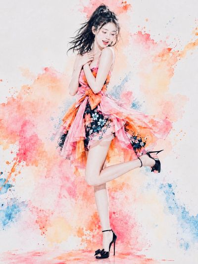 Watercolor Fashion Portrait of a Jumping Girl in Orange Dress