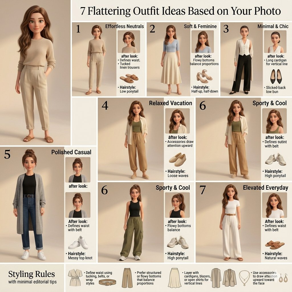 Pear-shaped woman in golden hour light showcases seven flattering outfits