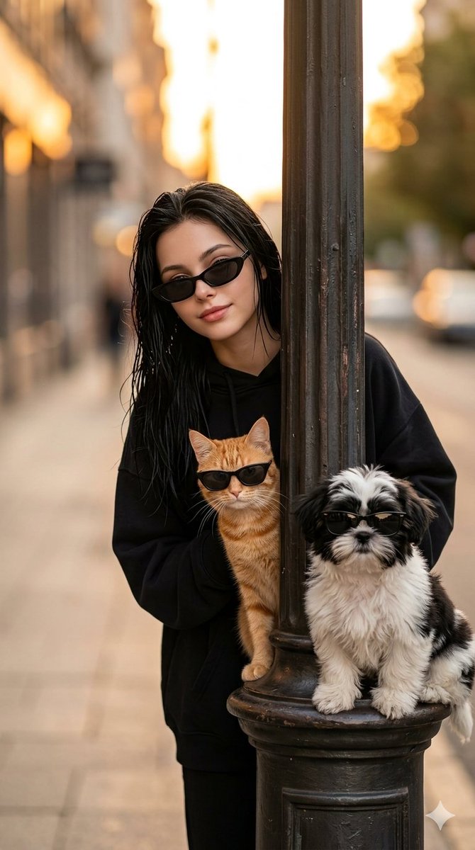 A stylish woman and her pets pose confidently behind a vintage lamp post.