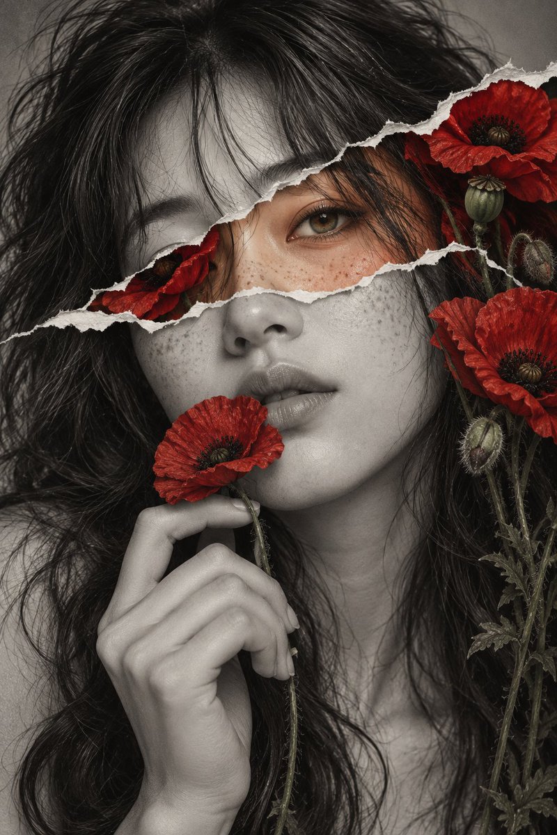 Freckled girl tears open grayscale portrait revealing red poppies inside