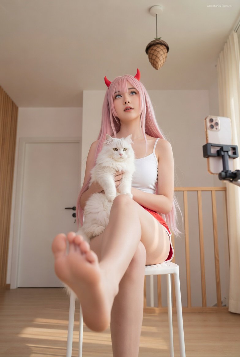 Pastel Devil Cosplayer with Fluffy Companion