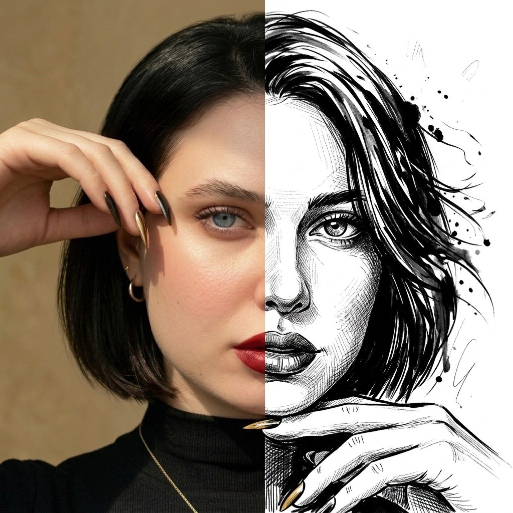 A split-face portrait blends realistic photo with ink illustration