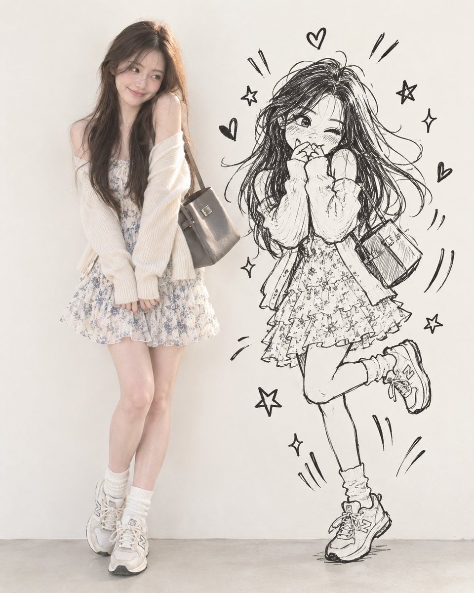Playful Real Person Poses Beside Chaotic Doodle Shadow on Wall