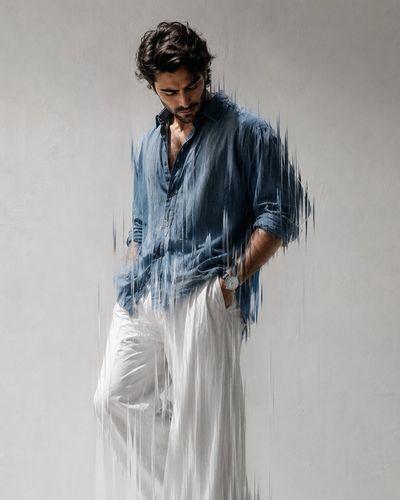 Young man in oversized blue shirt stands in dramatic light