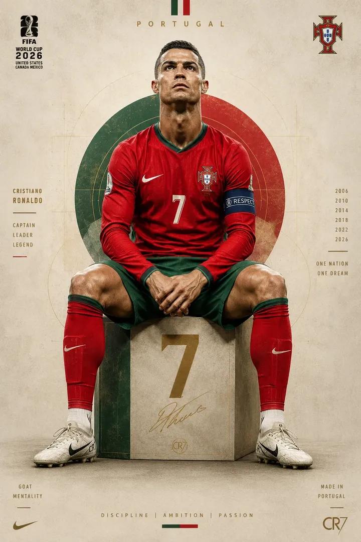 Portuguese football star sits on geometric cube in modern jersey