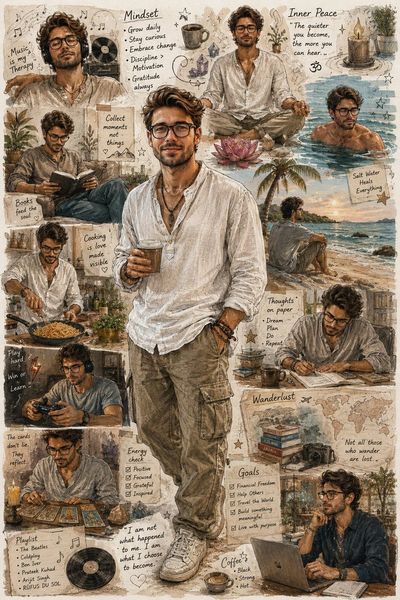 A South Asian man's eclectic life collage in bohemian ink style